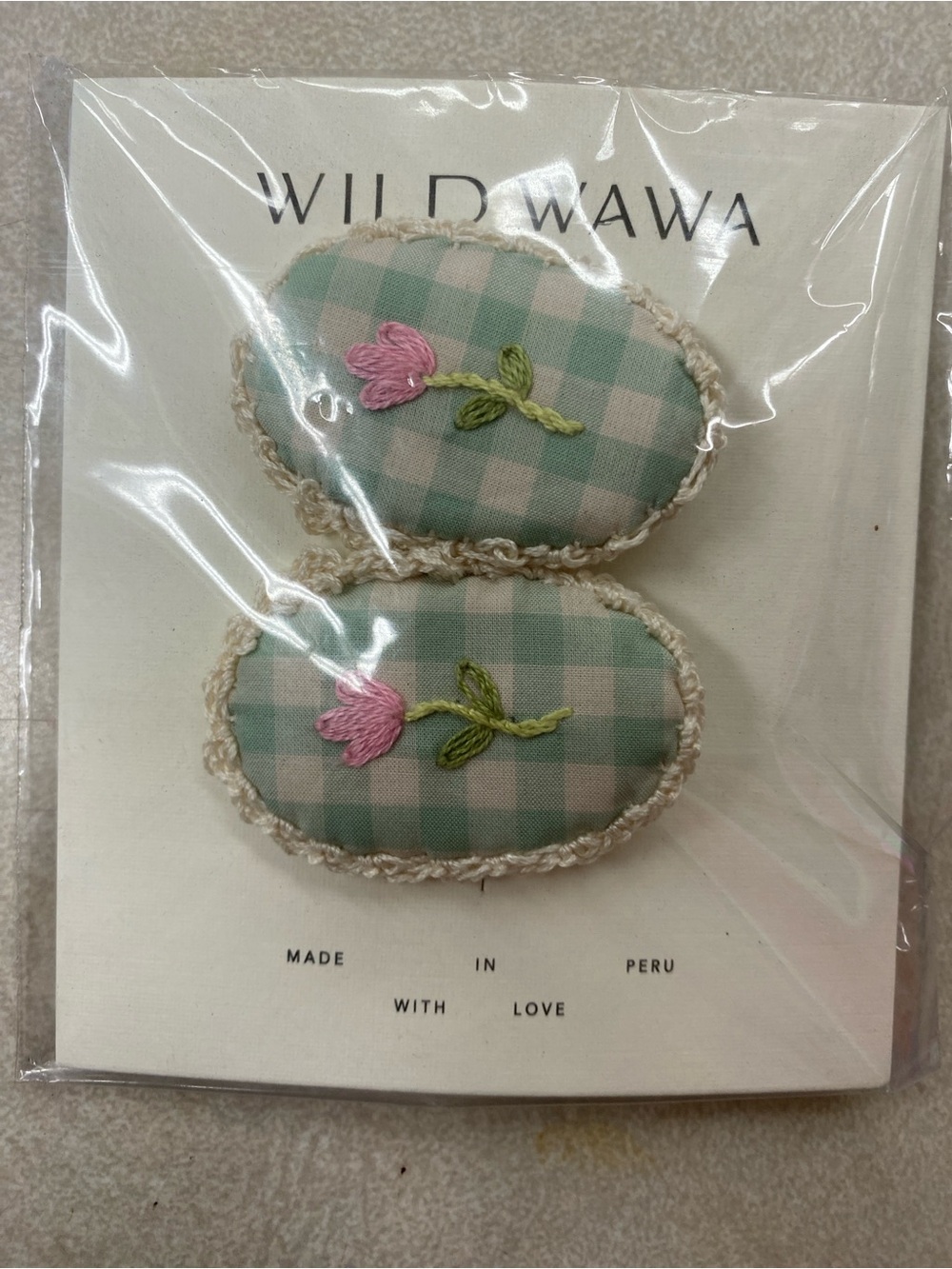 Wild Wawa Green Gingham Floral Clip Set / NIB
